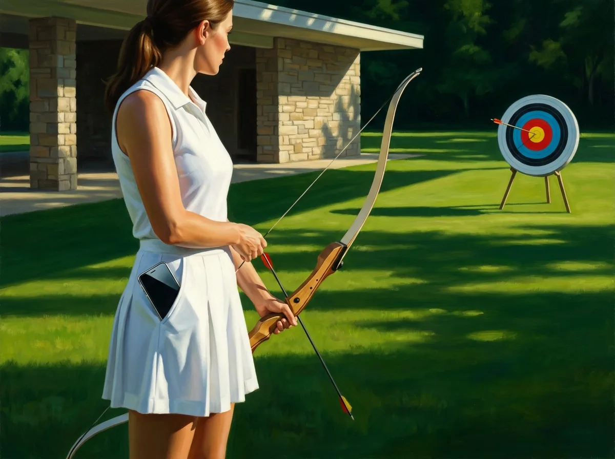 Painting of a woman in a white tennis dress lowering a recurve bow on a sunlit lawn, her arrow in the center of a target, a smartphone in her pocket