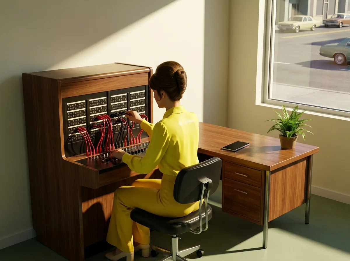 Painting of a switchboard operator in a lemon blouse plugging red and black cables into a wooden switchboard, a smartphone and a fern on her desk