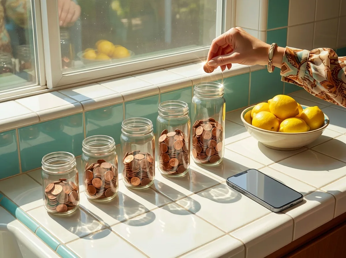 Painting of a hand dropping a coin into one of five glass jars of copper coins filled to different heights on a tiled kitchen counter, beside a smartphone and a bowl of lemons