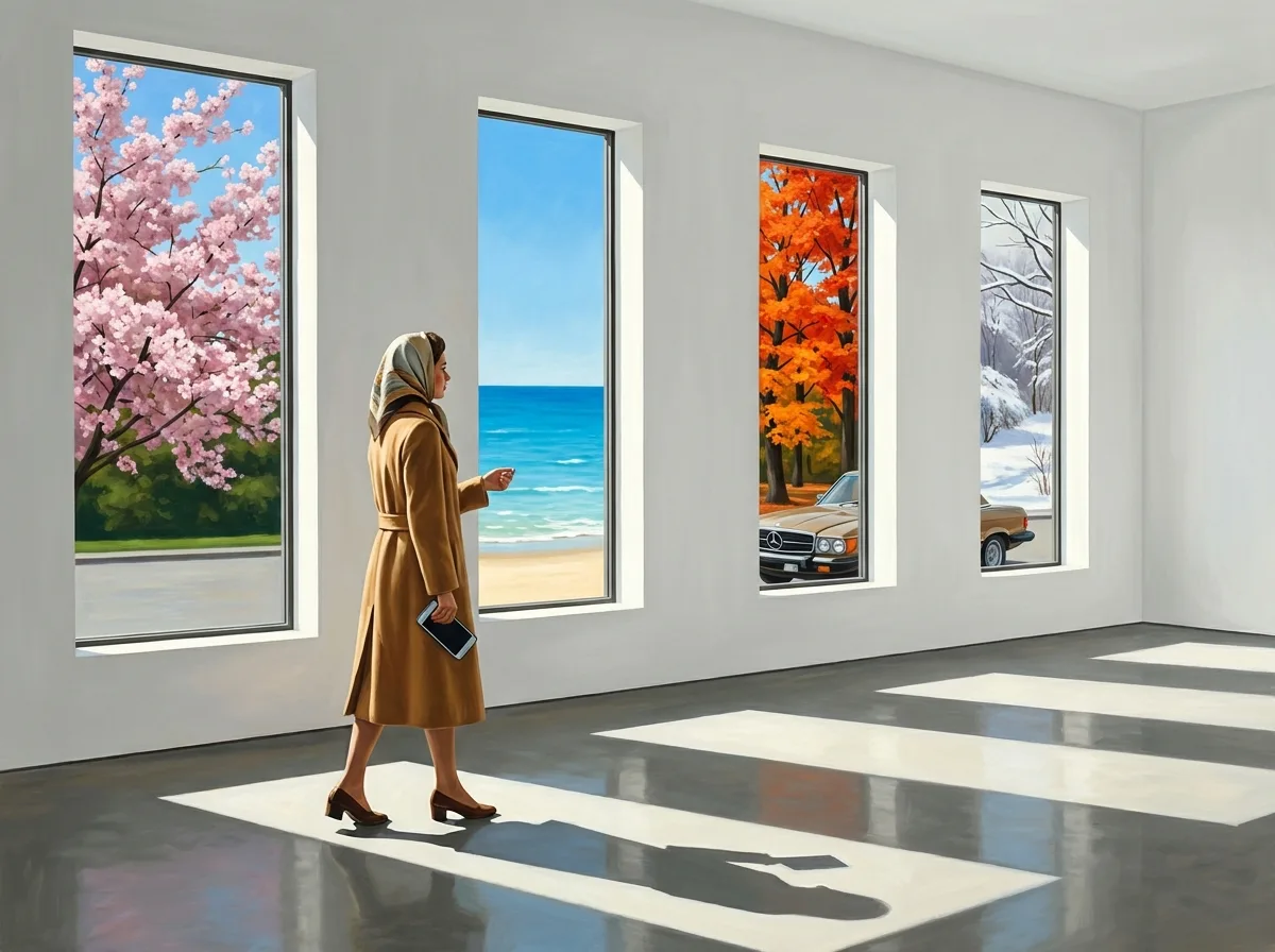 Painting of a woman in a camel coat walking past four tall gallery windows that each show a different season: spring blossom, a summer beach, autumn maples and winter snow