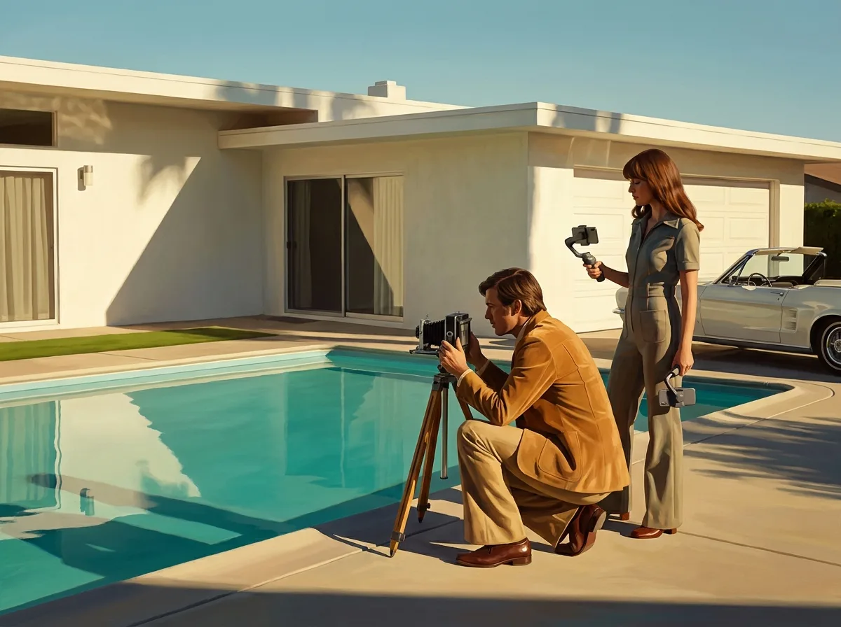 Painting of a photographer in a tan suede jacket shooting a turquoise pool with a vintage camera on a tripod while an assistant films with a smartphone on a gimbal