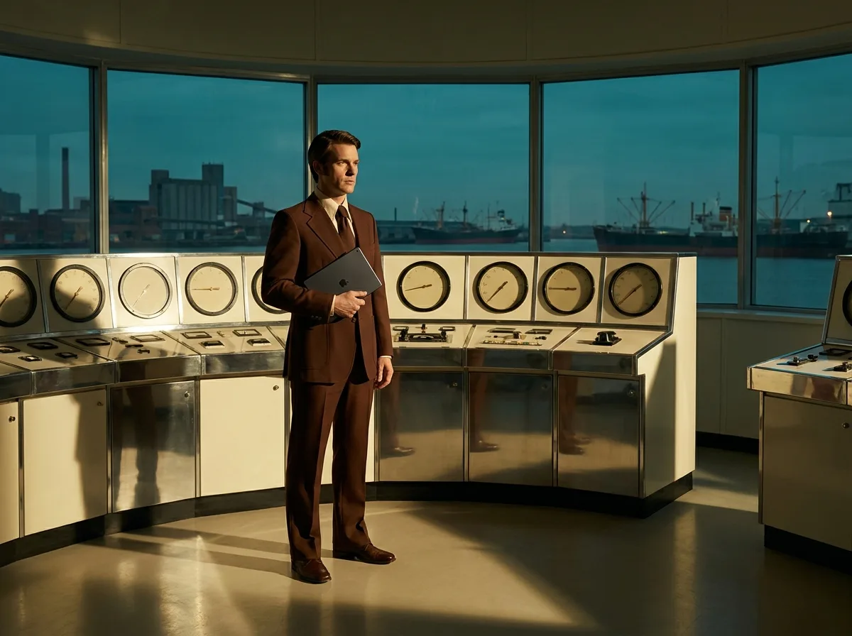 Painting of a man in a brown suit holding a tablet in a control room in front of a row of round gauges, a harbor at dusk through the window