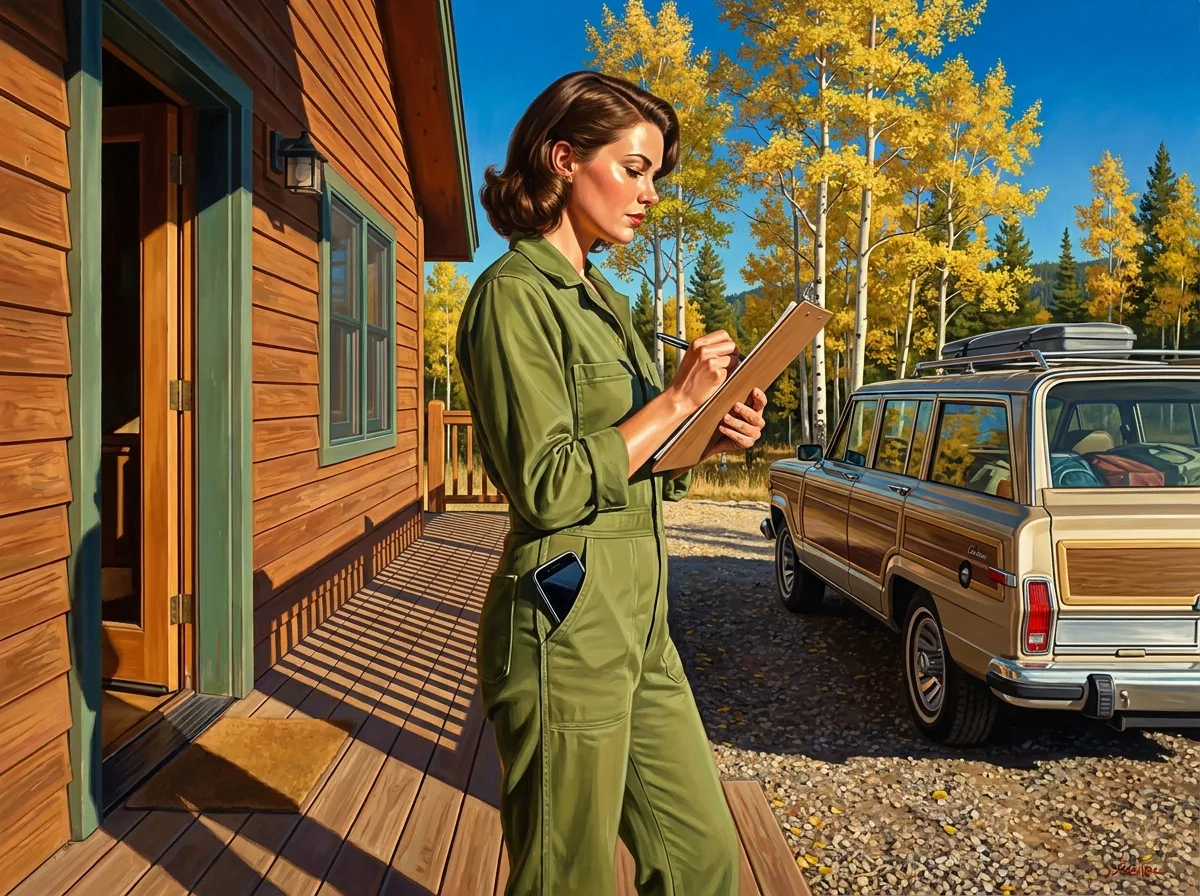 Painting of a woman in an olive jumpsuit ticking boxes on a clipboard at the door of a mountain cabin, a packed station wagon and golden aspens behind her