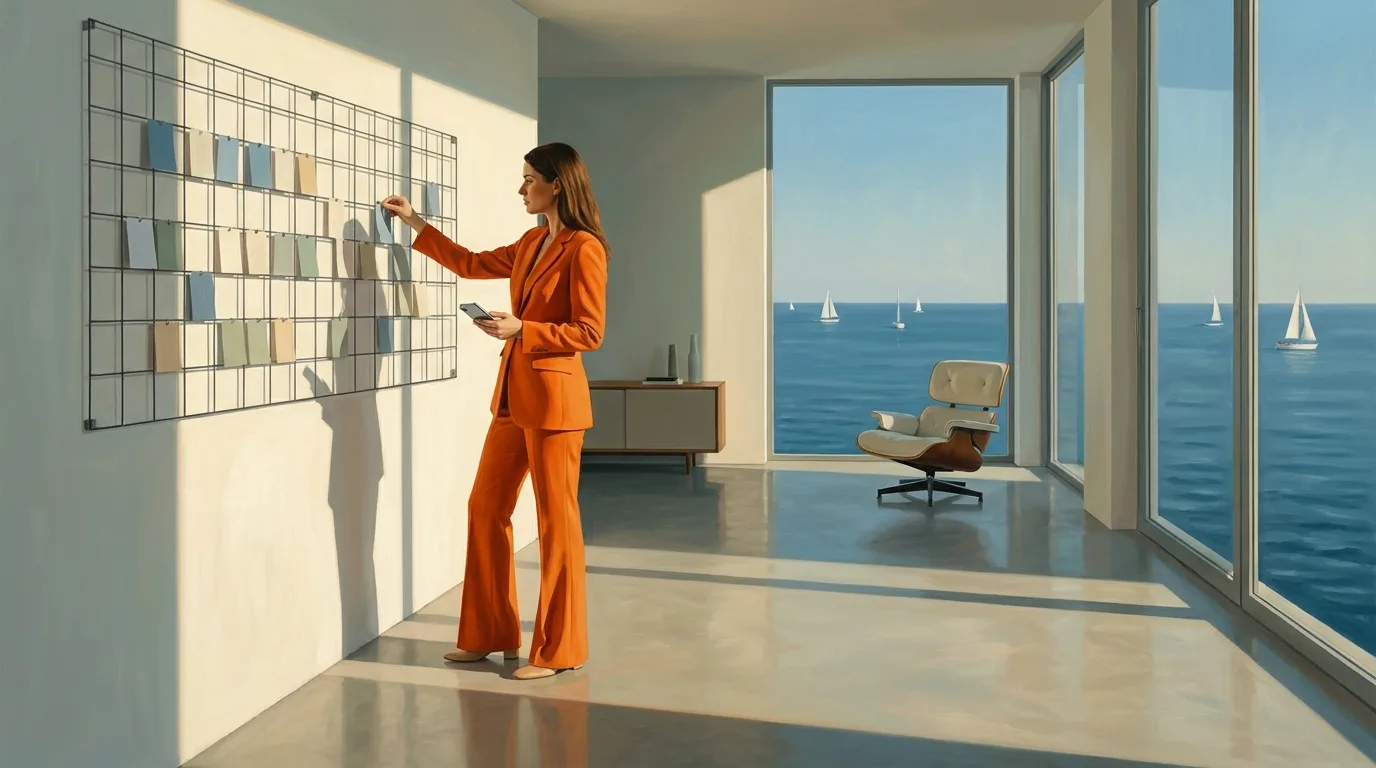 Painting of a woman in a tangerine trouser suit pinning colored cards onto a wall grid in a sunlit modernist studio, a smartphone in her other hand and sailboats on the sea through the window