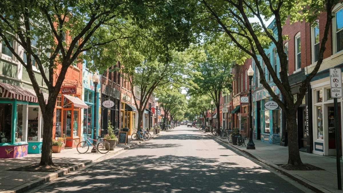 A walkable East Nashville street with colorful murals and boutique storefronts on a sunny day