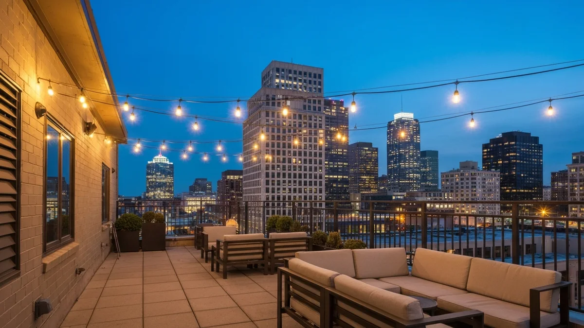 A rooftop patio overlooking a glowing city skyline at blue hour with string lights