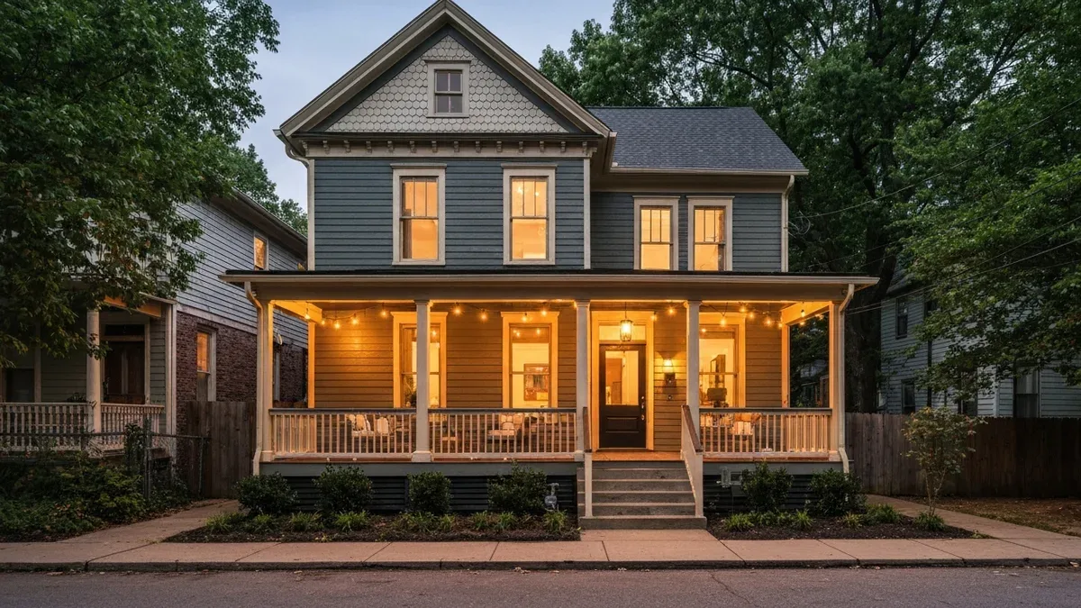 A restored two-story historic Nashville home used as a short-term rental at dusk, with warm porch lighting and string lights