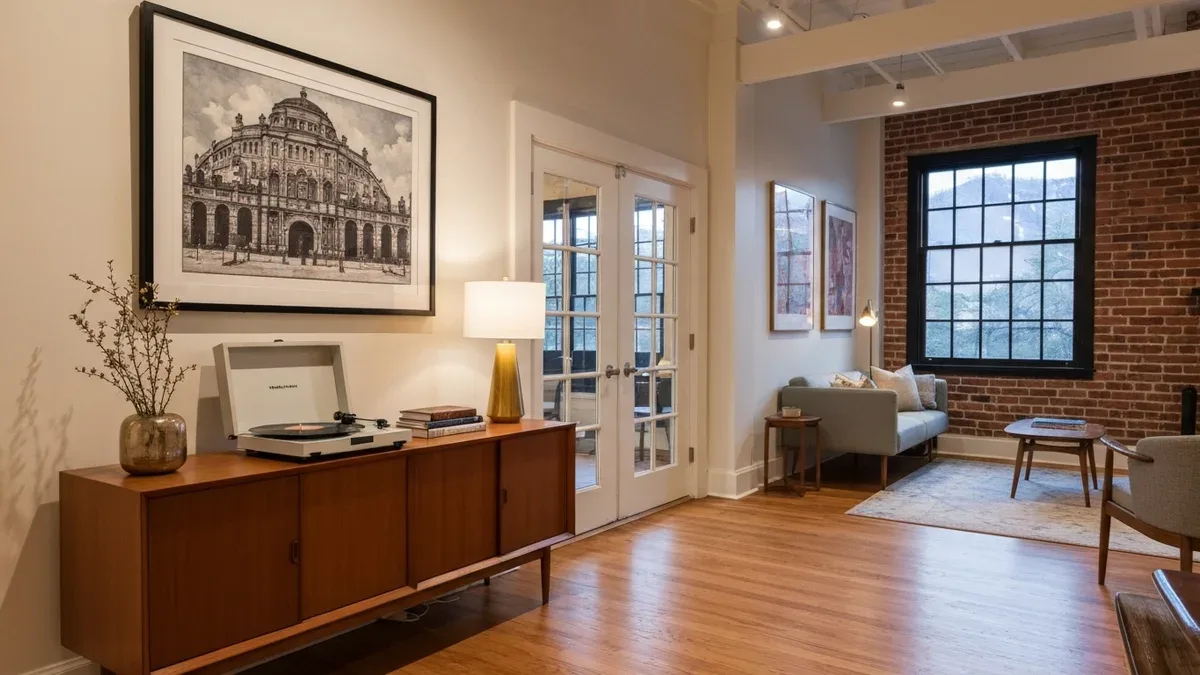 A designer Nashville rental interior with a record player, exposed brick and mid-century furniture in soft evening light