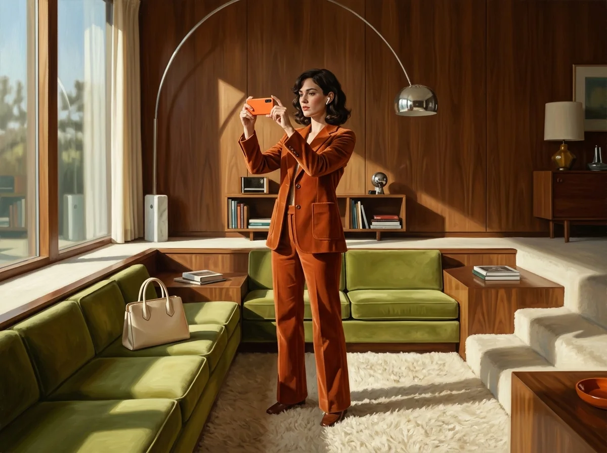 Painting of a woman in a rust-orange 1970s pantsuit in a wood-paneled sunken living room, photographing the room on an orange phone with white earbuds in and a structured cream bag on the sofa