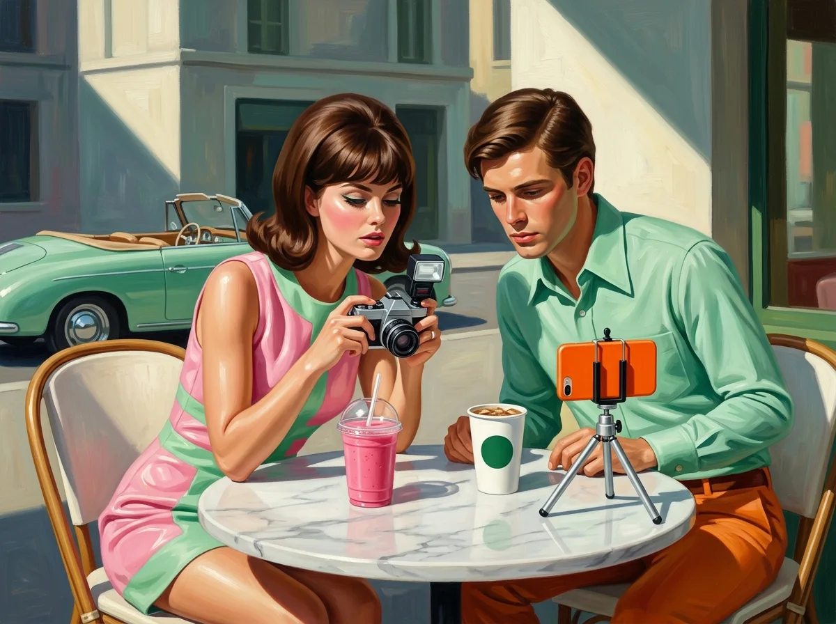 Painting of a retro-dressed couple photographing their breakfast from above on a marble cafe table, with a pink smoothie, a green-emblem iced coffee, and an orange phone on a small tripod, a mint convertible behind