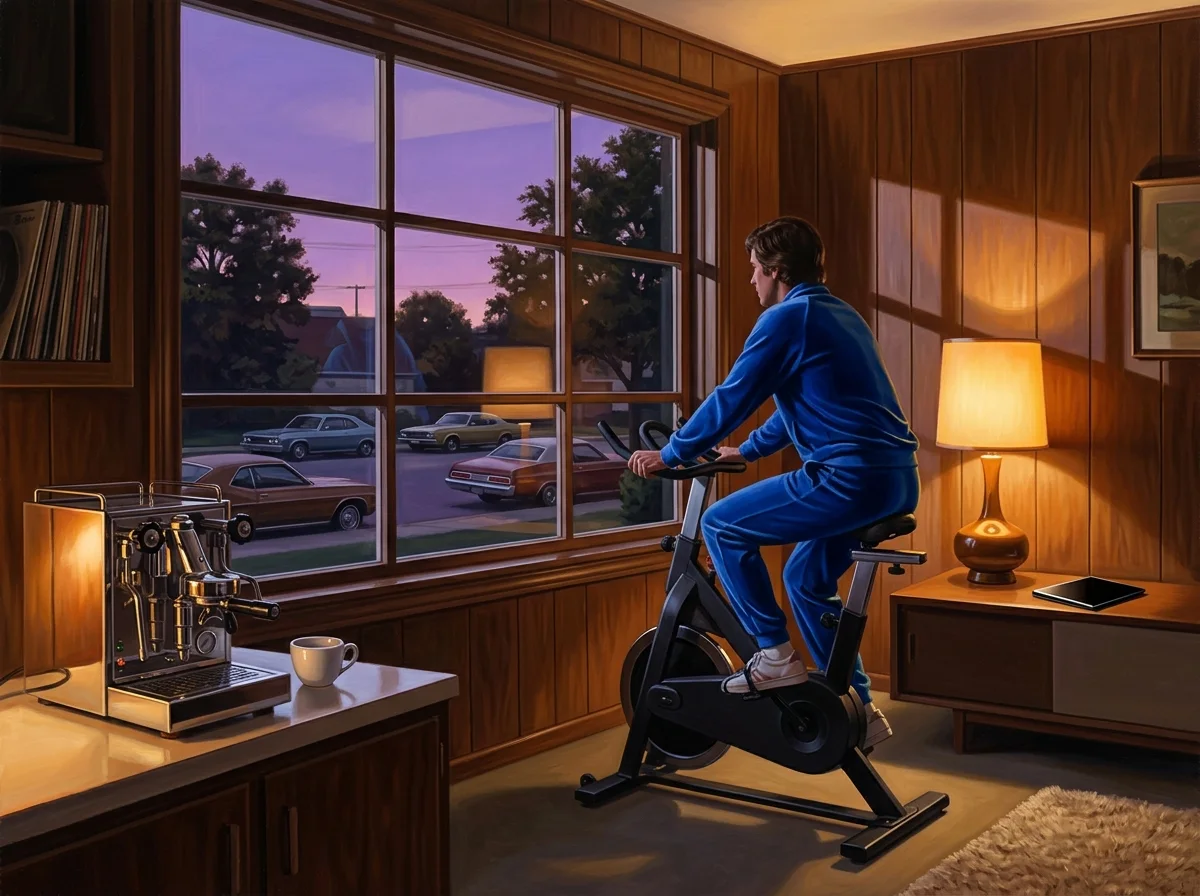 Painting of a 1970s wood-paneled den at dusk with a lone figure in a cobalt tracksuit on a matte-black modern exercise bike facing a picture window, a chrome espresso machine glowing on the counter