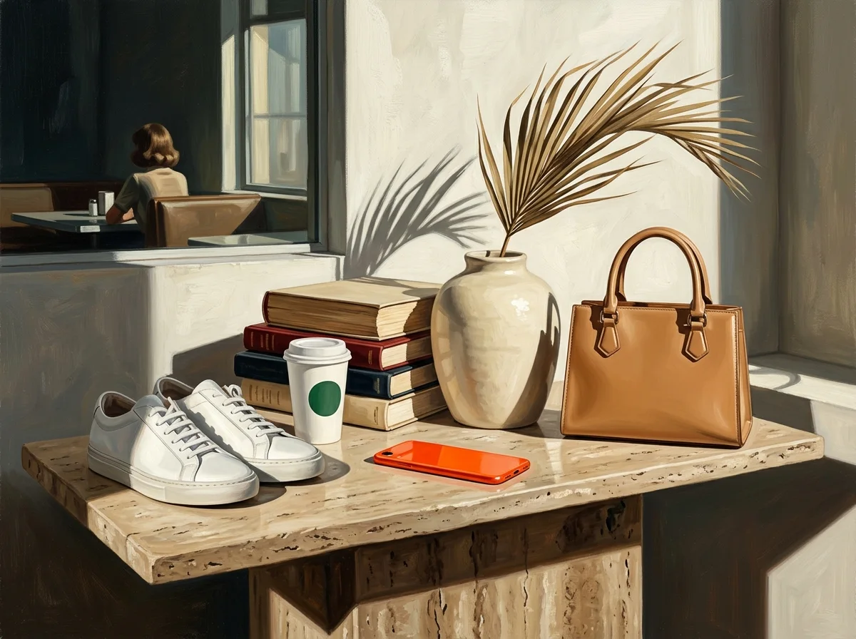 Painting of a styled travertine console in hard side light: a stack of hardback art books, a cream ceramic vase, a structured tan leather bag, a green-emblem coffee cup, white leather sneakers, and an orange phone laid face down