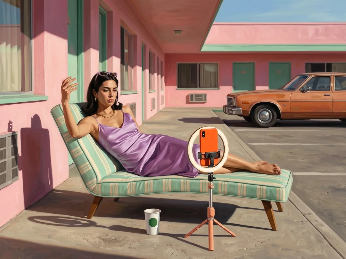 Painting of a woman in a lilac slip dress on a striped mid-century lounger filming a vertical video of herself on an orange phone on a tripod with a ring light, a pink motel facade behind her