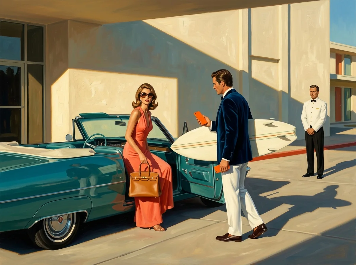 Painting of a glamorous 1970s couple stepping out of a teal vintage convertible onto a sunlit hotel forecourt, one carrying a structured tan bag and an orange phone, the other a surfboard, a valet in white waiting