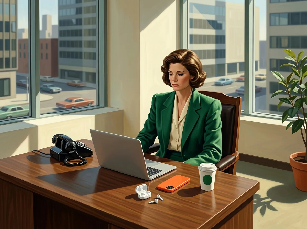 Painting of a woman in an emerald 1980s power suit at a walnut desk with a slim modern laptop, an orange phone, white earbuds in a charging case, and a black rotary phone beside the laptop for contrast