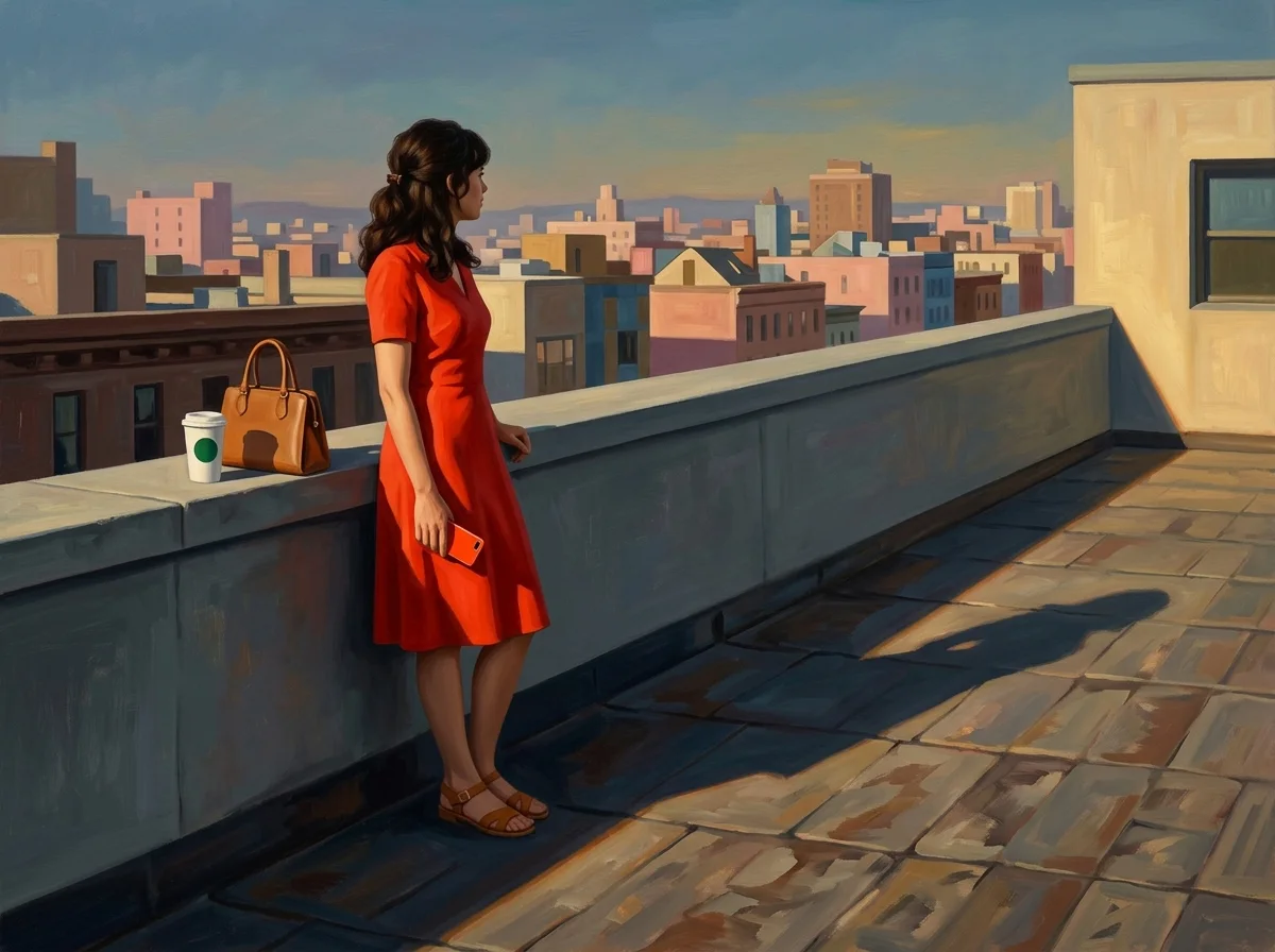 Painting of a woman in a poppy-red 1970s dress at a rooftop parapet at golden hour holding an orange phone, a structured tan bag and a green-emblem coffee cup on the ledge, a pastel city beyond