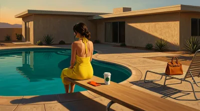 Painting of a woman in a canary-yellow 1970s dress on a diving board over a turquoise desert pool at golden hour, with a green-emblem coffee cup, an orange phone, and a structured tan bag nearby