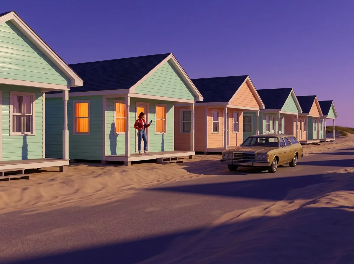 Painting of a row of identical pastel beach cottages on a sandy road at dusk, only one with lit windows and a figure in a red jacket on its porch holding a smartphone