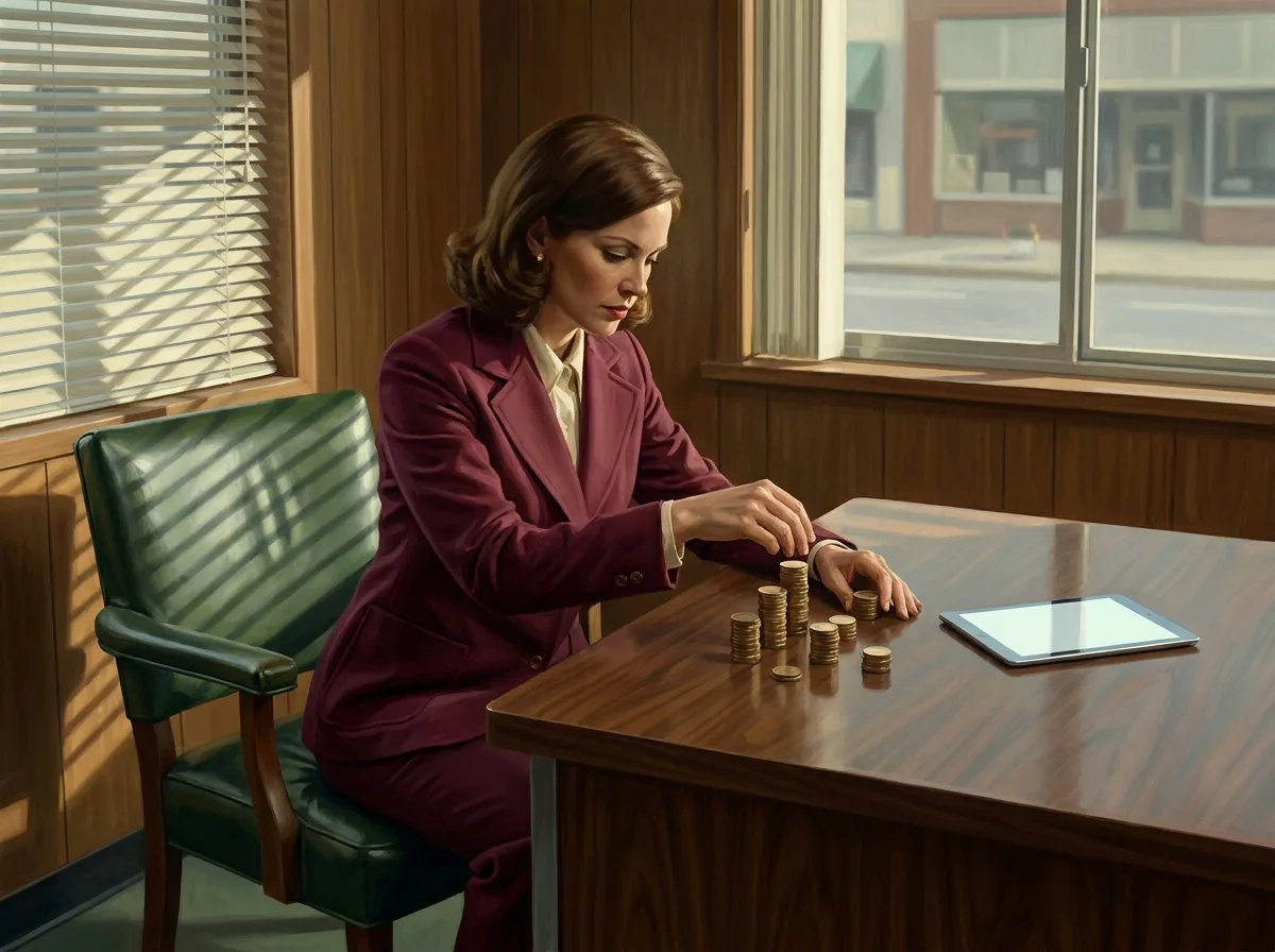 Painting of a woman in a burgundy suit stacking brass coins into small towers on a walnut desk beside a tablet, venetian-blind light falling across the office