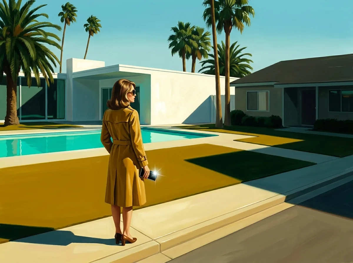 Painting of a woman in a mustard trench coat studying a white modernist house with a turquoise pool and palm trees, a plainer house beside it in shadow