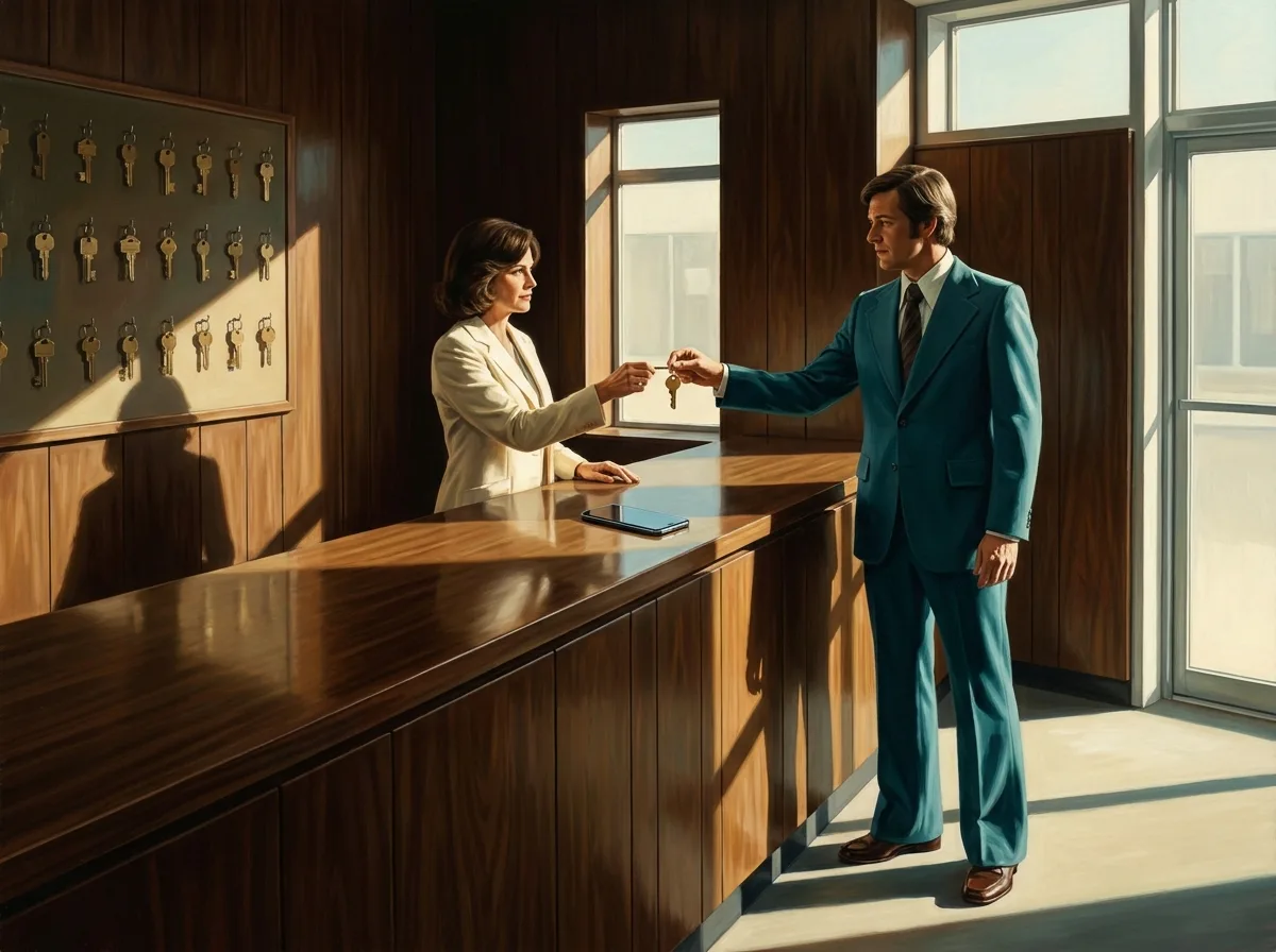 Painting of a realtor in a teal suit handing a house key across a walnut counter to a manager in a cream blazer, rows of brass keys hanging on the wall