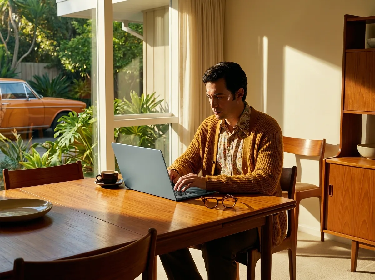 Painting of a homeowner in an ochre cardigan reading a laptop at the dining table of a sunlit mid-century house, a coffee cup and reading glasses beside it