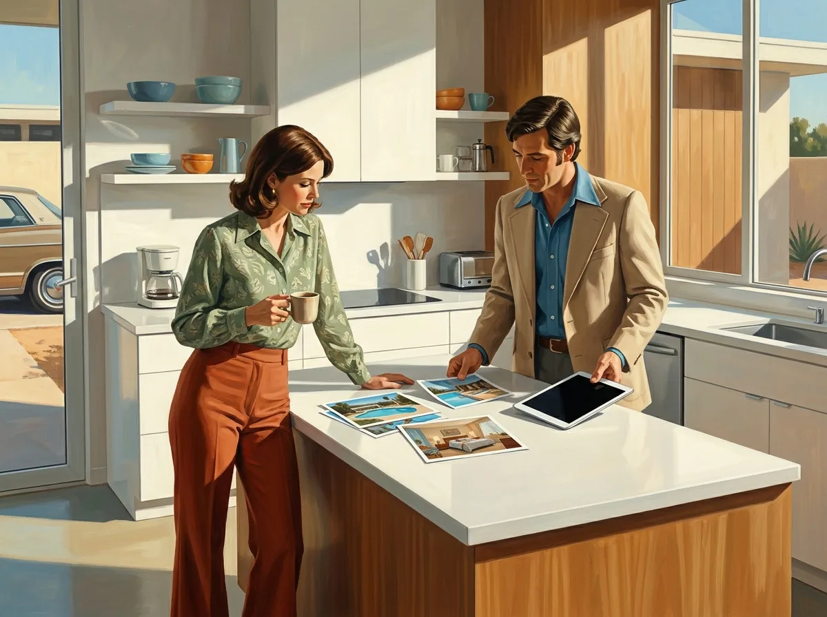 Painting of a homeowner and a property manager at a white kitchen island looking at printed photos of a pool and a bedroom, the manager holding a tablet