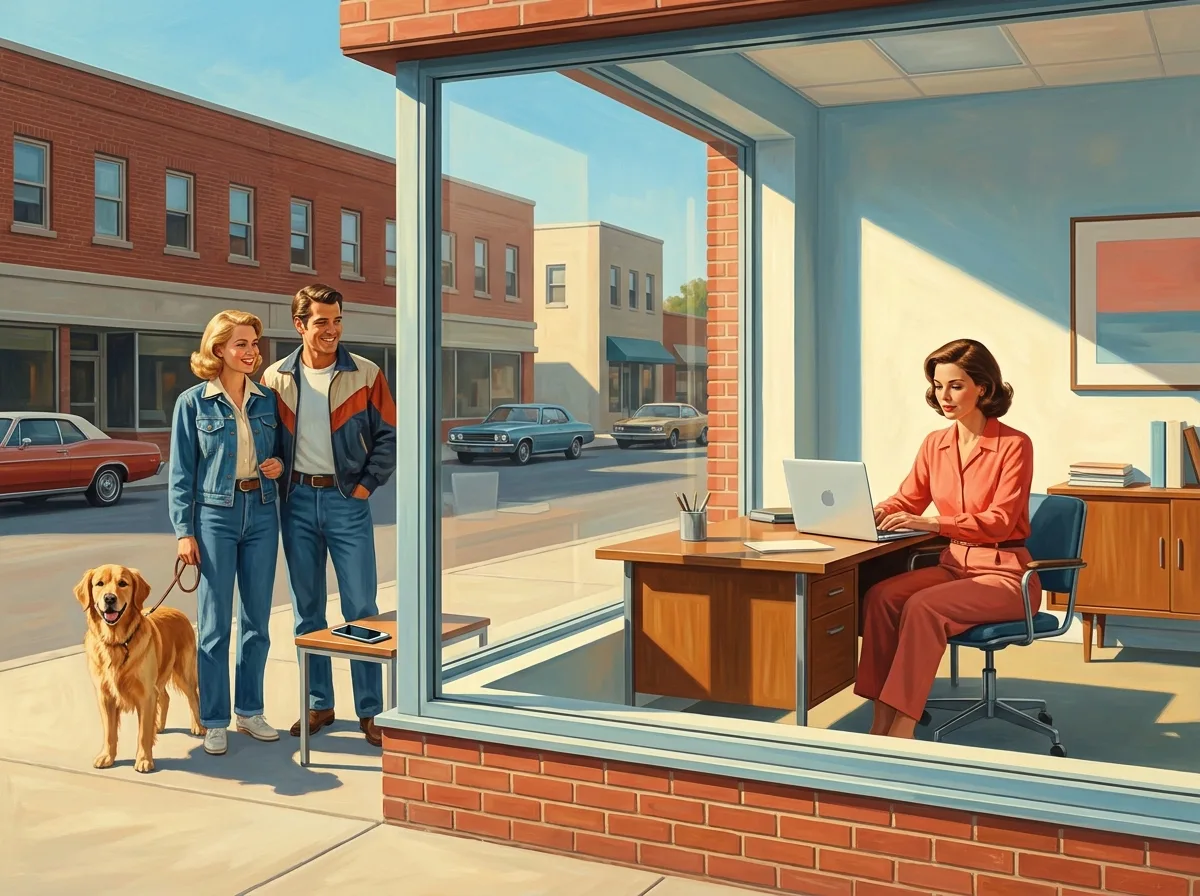 Painting of a couple walking a golden retriever pausing outside the big window of a bright small-town office where a manager in a coral blouse works at a laptop