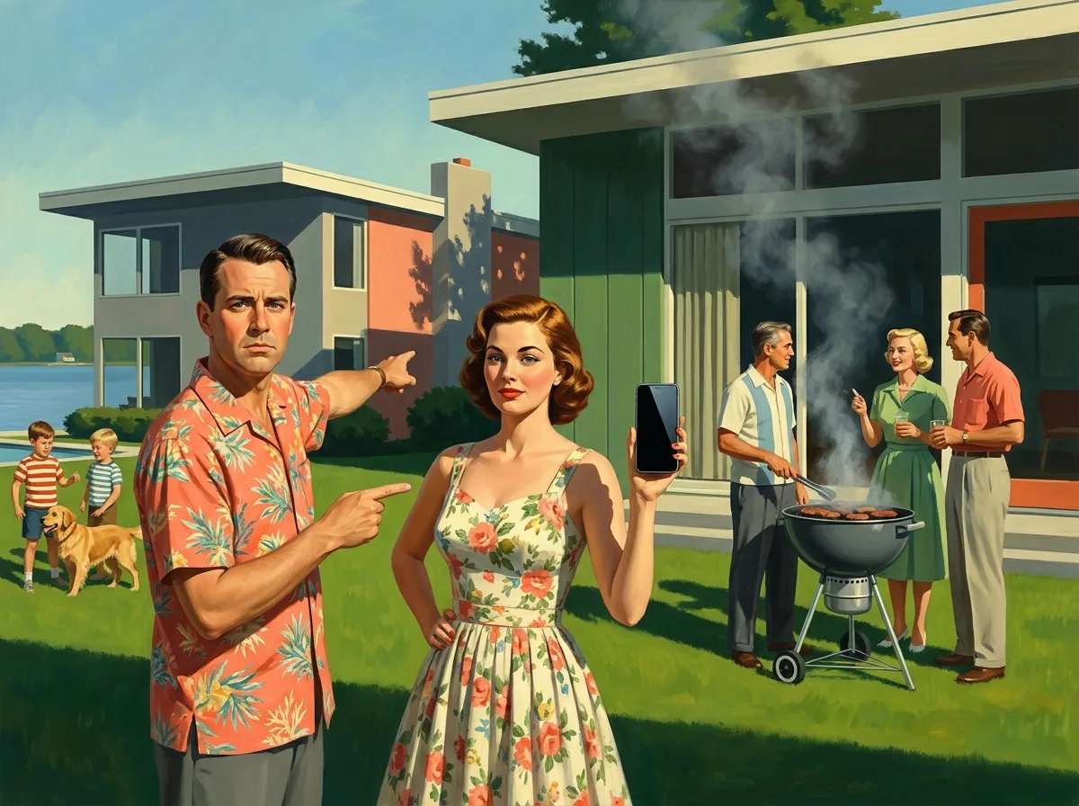 Painting of neighbors at a lakeside backyard barbecue, a man in a Hawaiian shirt pointing toward the house next door while a woman in a floral dress holds up a smartphone