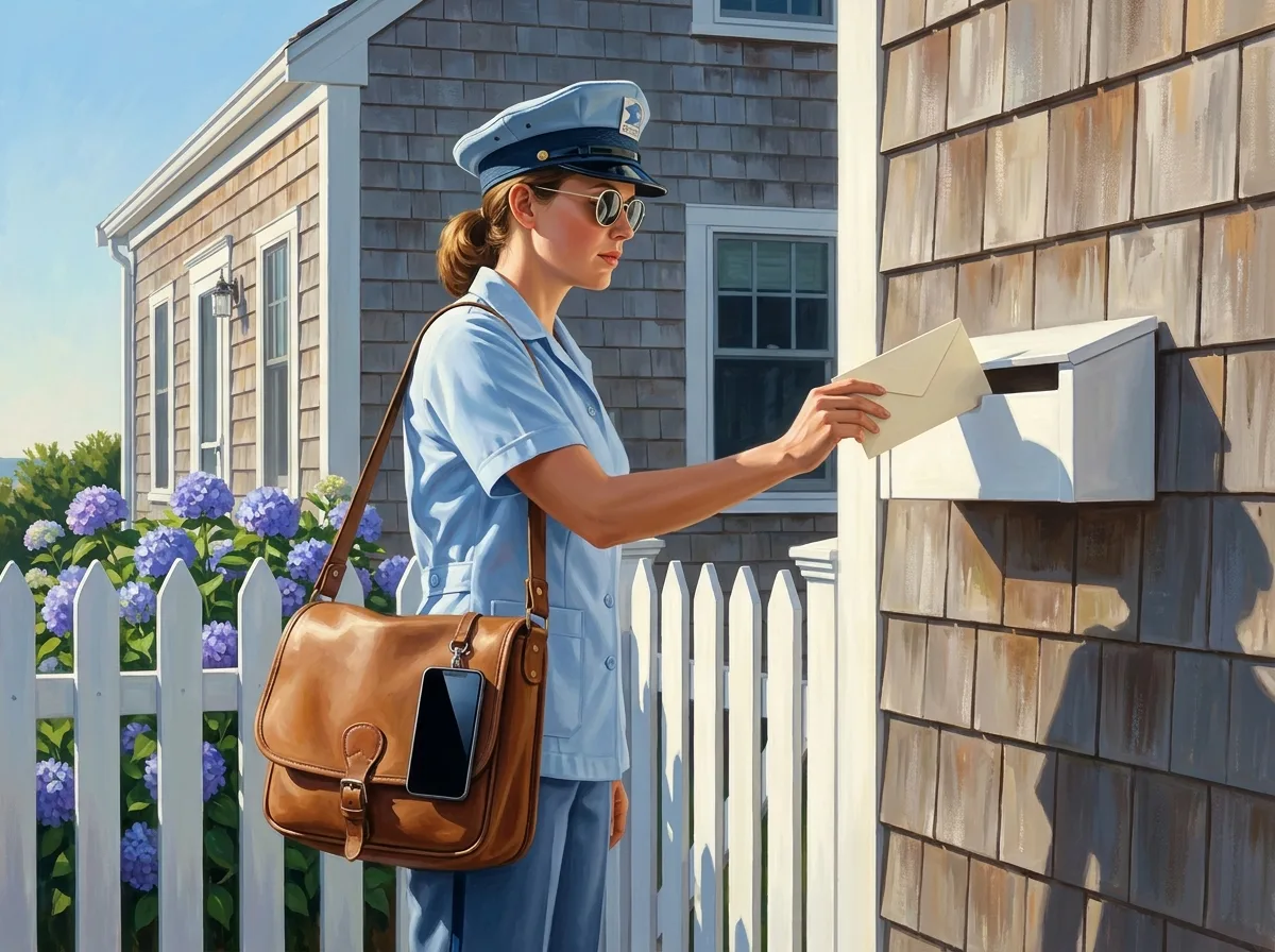 Painting of a mail carrier in a pale blue uniform placing a cream envelope in the white mailbox of a cedar-shingled house, blue hydrangeas along the picket fence