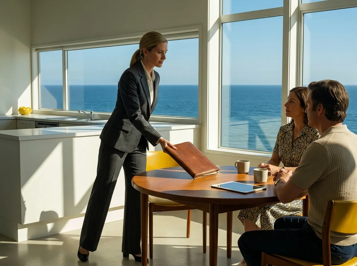 Painting of a property manager in a charcoal pinstripe suit sliding a leather folder across a round kitchen table toward a homeowner couple, a tablet and coffee cups on the table and the sea outside