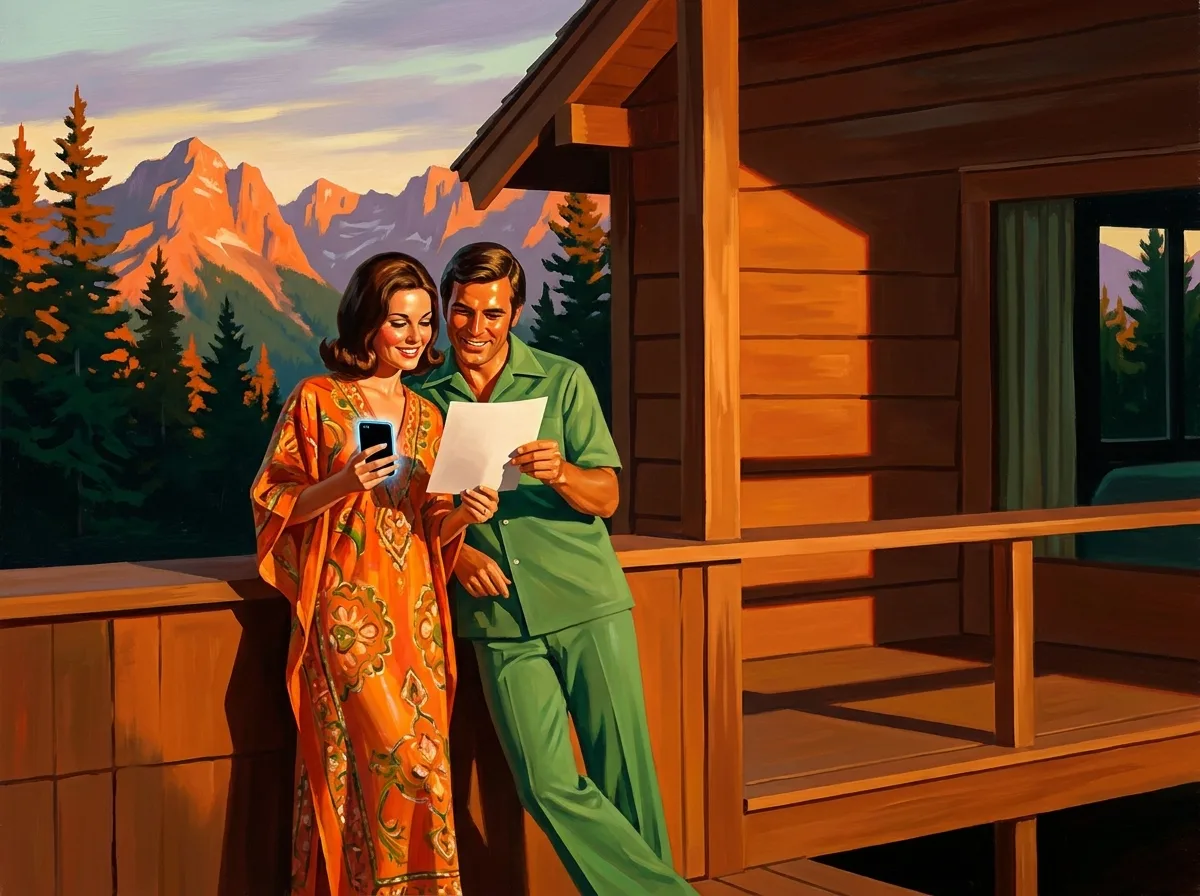 Painting of a smiling homeowner couple reading a printed page together on the deck of a mountain cabin at sunset, pines and peaks glowing behind them