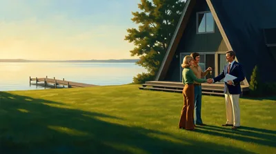 Painting of a property manager in a navy blazer, a tablet under his arm, shaking hands with a homeowner couple on the lawn of a lakeside A-frame house at golden hour, a wooden dock on the calm lake beside them