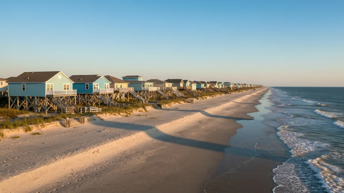 A row of colorful stilted beach houses along a North Carolina barrier-island shoreline at golden hour