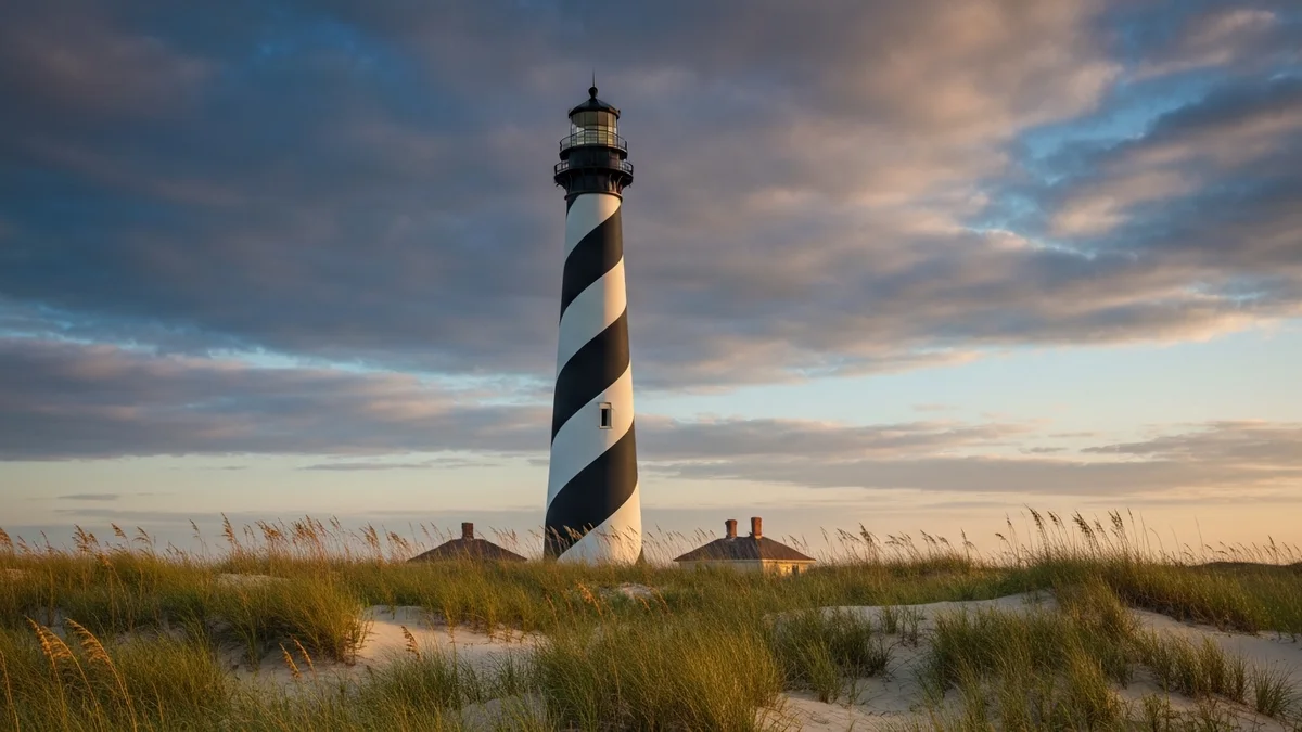 A tall black-and-white spiral-striped lighthouse over dunes and sea grass under a dramatic sky