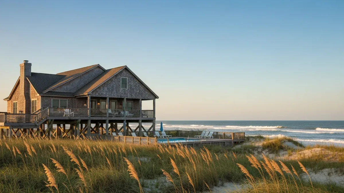 A weathered-cedar Outer Banks beach house on stilts with wraparound porches, a pool, and the Atlantic surf beyond at golden hour