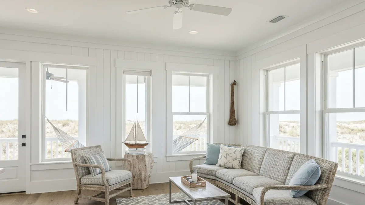 A breezy coastal OBX rental interior with white walls, nautical accents and big windows framing the dunes and ocean
