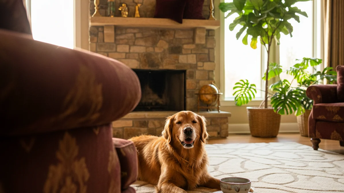 Golden retriever resting on linen throw in a sunlit luxury short-term rental living room