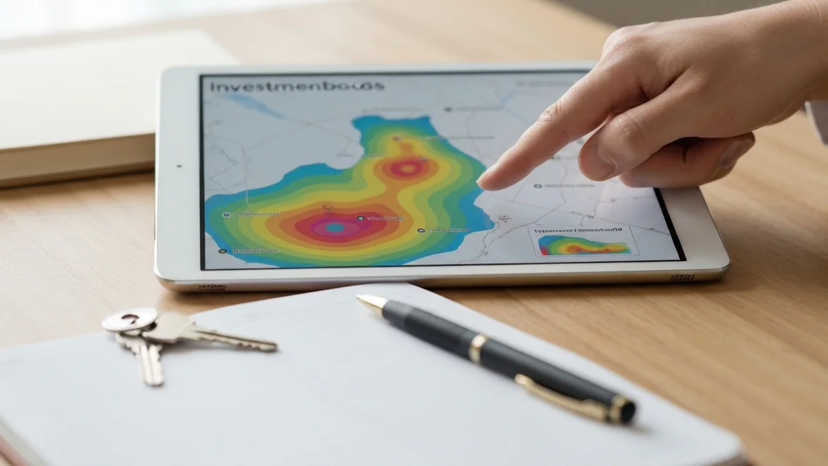 Investor reviewing a property heatmap on a tablet with notebook and pen