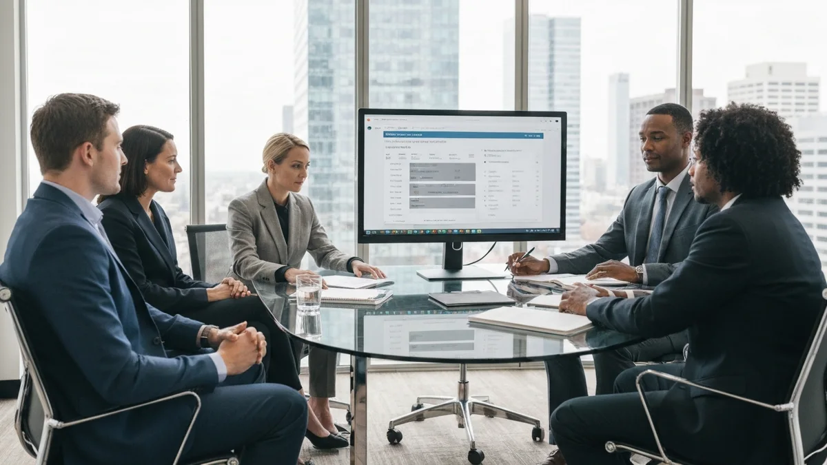 Real estate agent reviewing investor portfolio dashboard on a large screen with two attentive clients