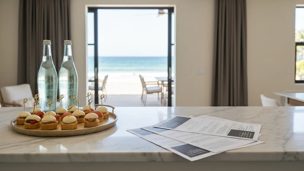 An STR open-house staging with tray of canapés and printed property analysis on a marble counter