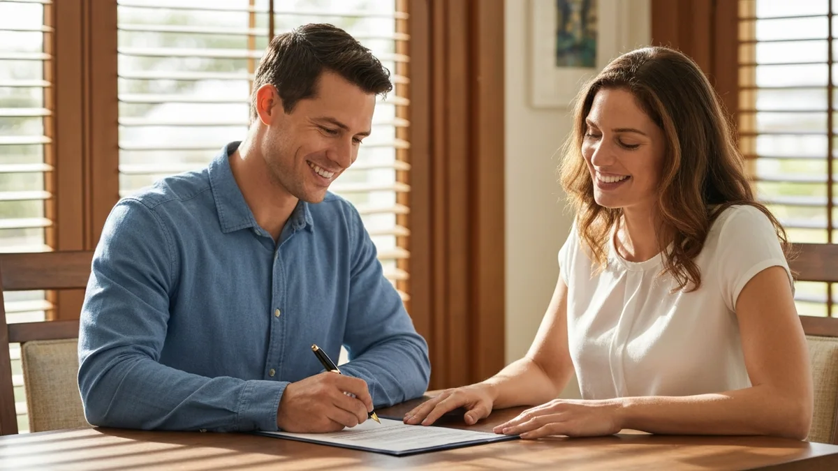 A happy couple signing a real estate purchase agreement at a vacation rental dining table