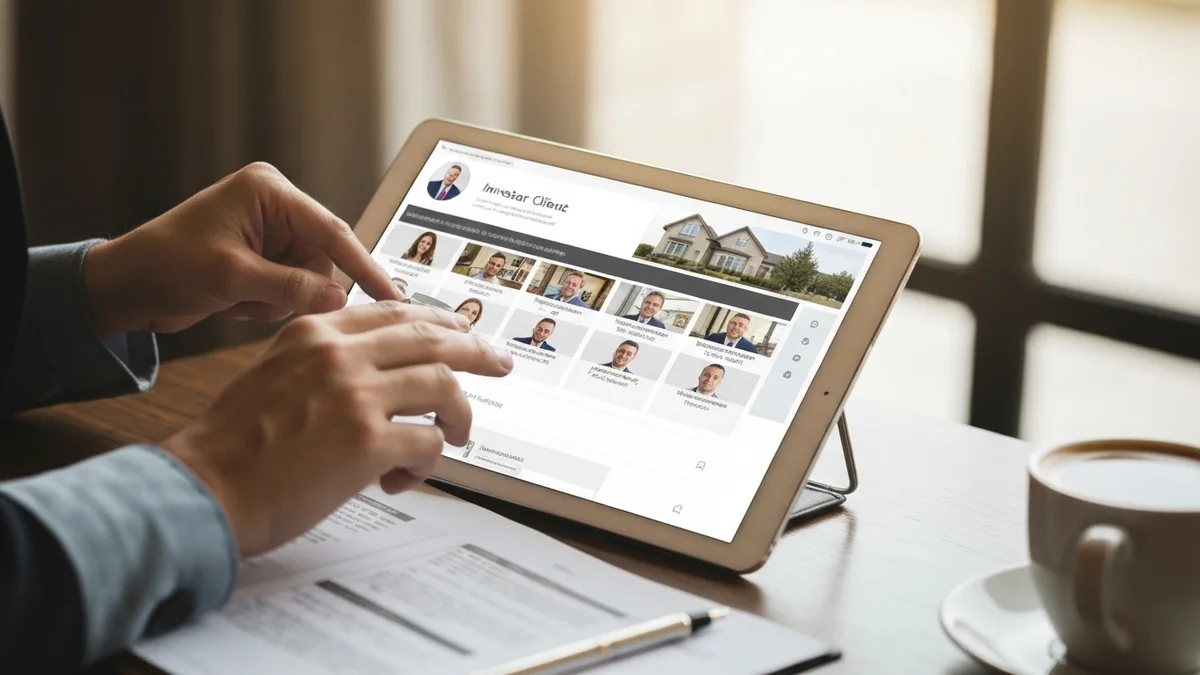 Real estate agent updating CRM dashboard on a tablet with multiple investor client profile cards visible