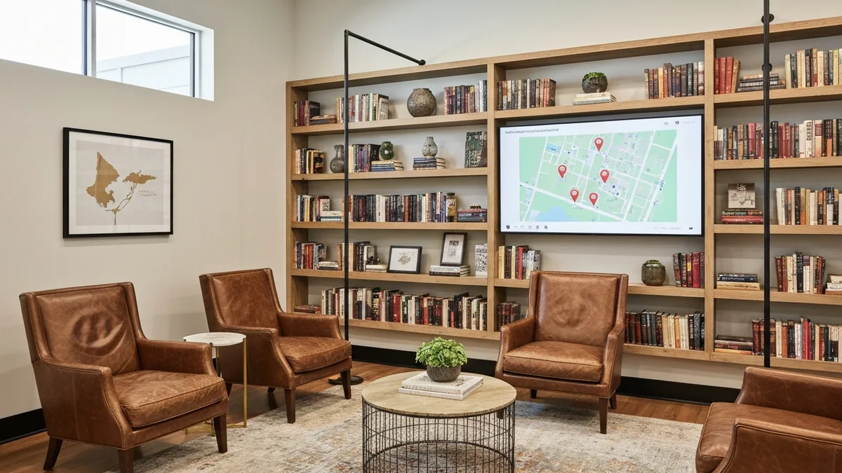 A boutique real estate brokerage office interior styled like a hospitality lounge with a wall-mounted neighborhood map