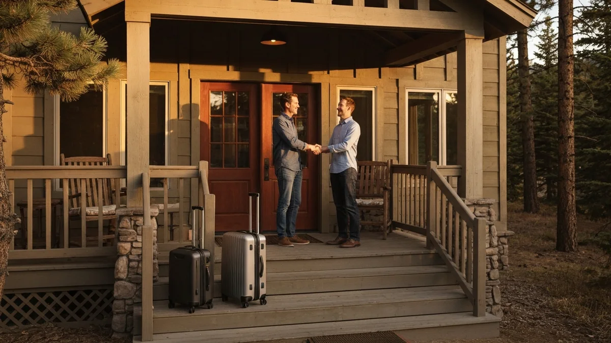 Celebratory handshake between a buyer and a real estate agent at a mountain vacation rental