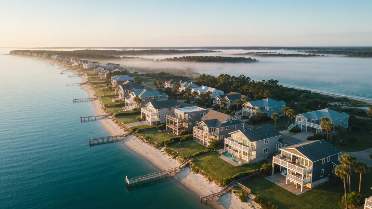 Drone-perspective view of a cluster of vacation rental homes along a calm coastline at sunrise