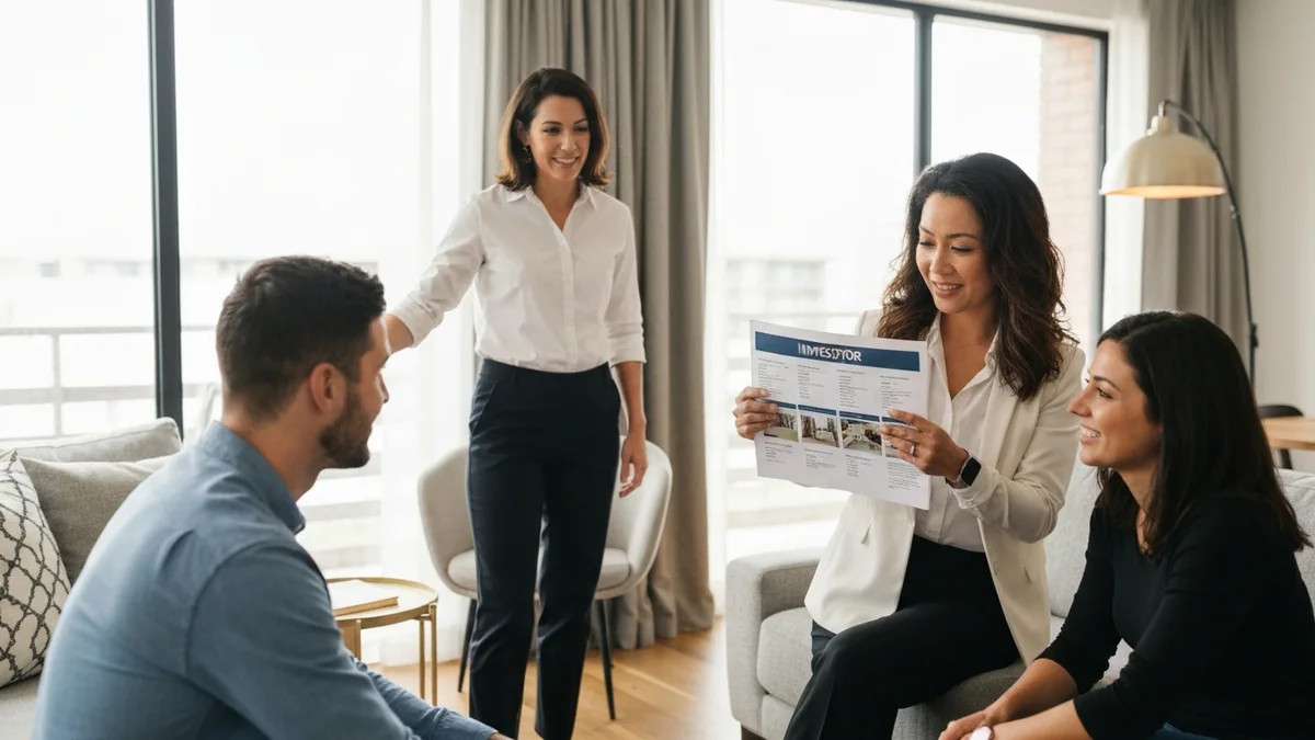 Female real estate agent presenting a printed investor pitch deck in a sunlit living room