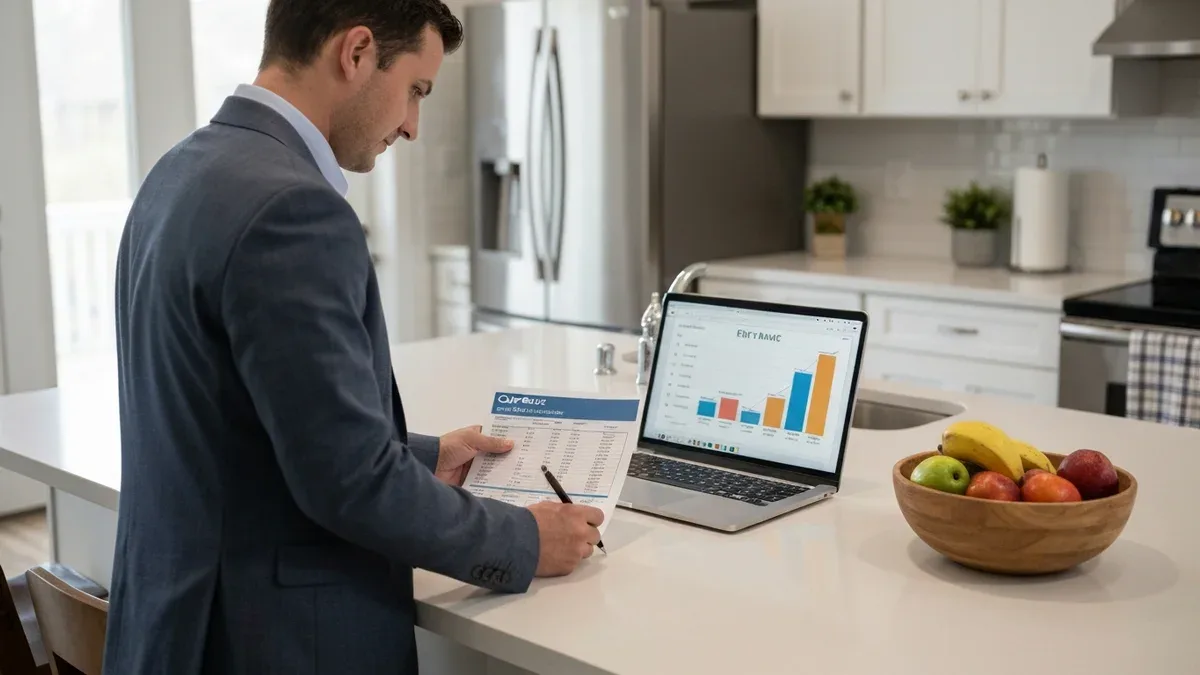 An investor studying a printed cap-rate and cash-flow analysis at a kitchen island in a short-term rental