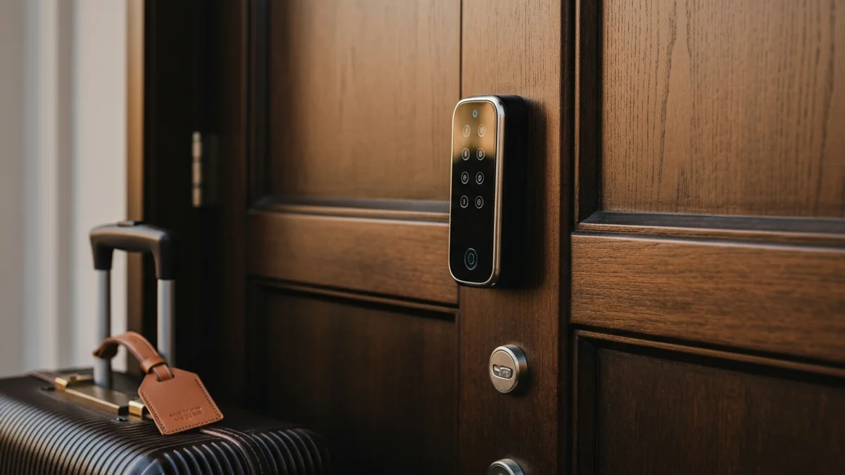 Smart lock keypad on a luxury short-term rental door with leather luggage to the side