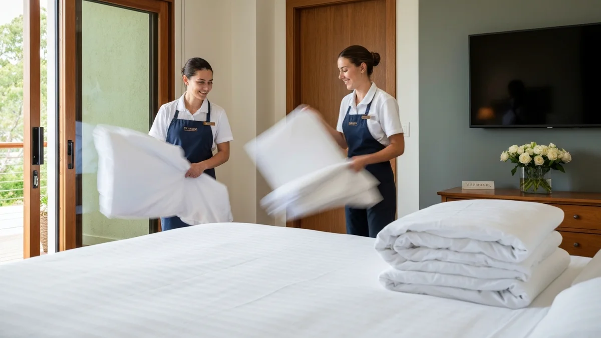 Branded cleaning crew rotating fresh linens in a luxury vacation rental bedroom